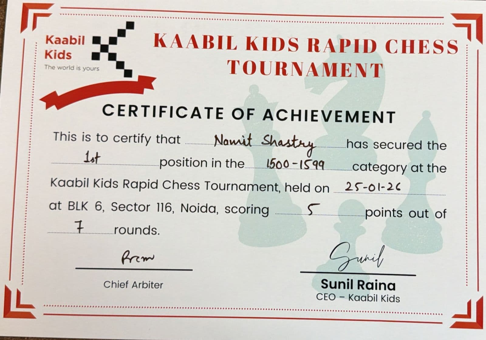 Kaabil Kids Rapid Chess Tournament — 1st Position